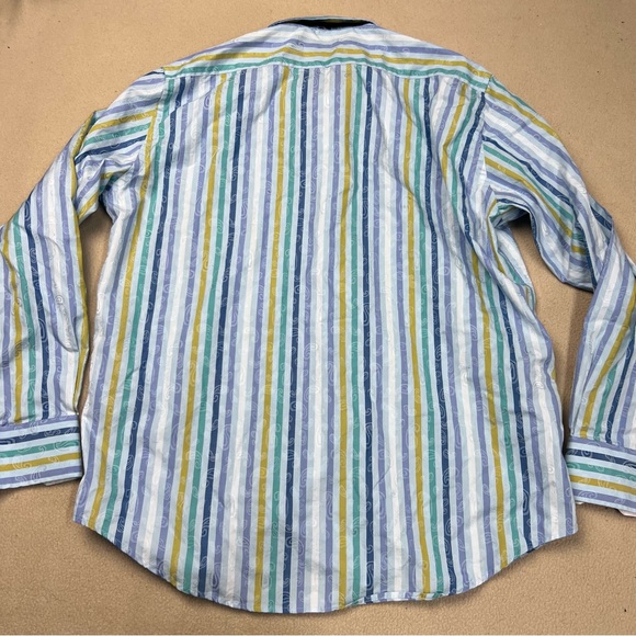 Robert Graham Shirt Men’s L / XL Blue Striped Long Sleeve Button Up Cotton Silk - Picture 8 of 10